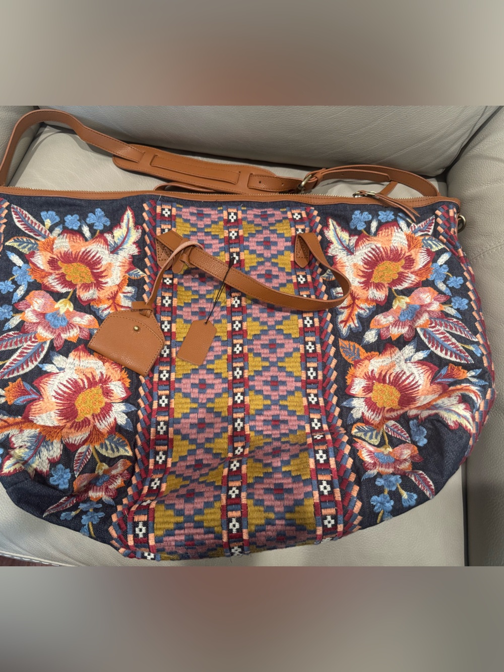 Johnny Was  Floral Embroidered Overnight Weekender Tote with Tan Straps